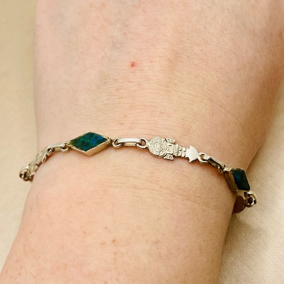 EUC Vintage South American 950 Silver Chrysocolla & Native Lady Bracelet - Picture 3 of 17